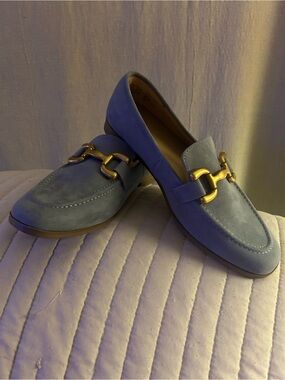 Time and Tru Blue Suede Loafers with Gold Buckle